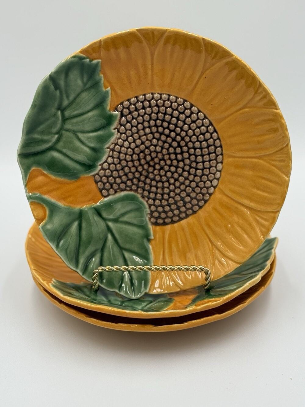 VTG Bordallo Pinheiro 8" Majolica Sunflower Plates Set 3